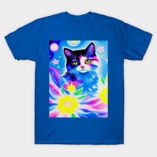 Cosmic Floral Kawaii Cat T-Shirt